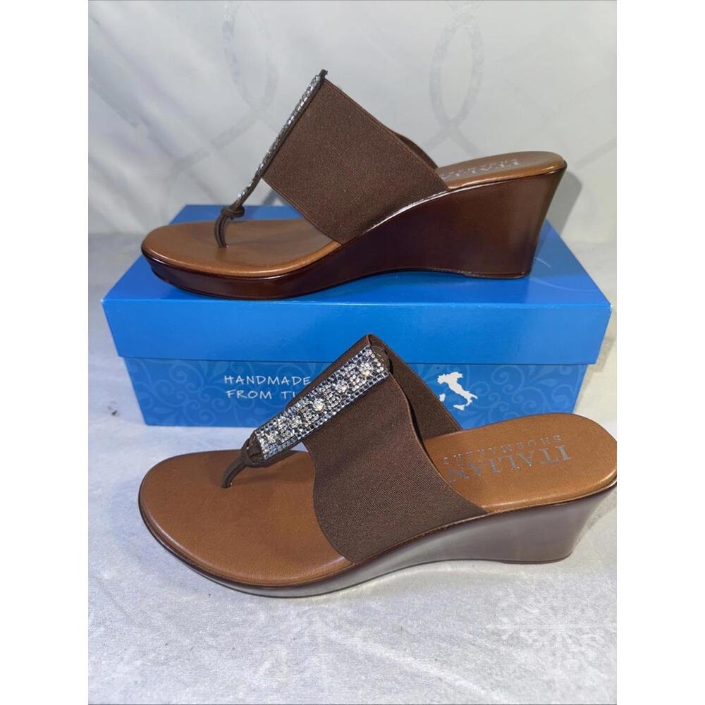 Italian Shoemakers Wedge Heel Shoe Size 8.5 Farley Thong Sandals Mocha Slip On - Picture 2 of 10